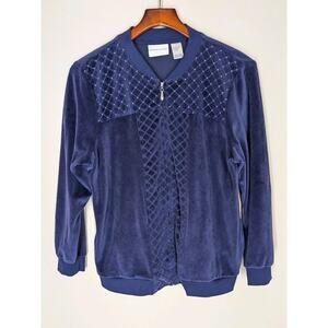 Alfred Dunner Womens Purple Rhinestone Embellished Velour Full Zip Sweater Sz 12